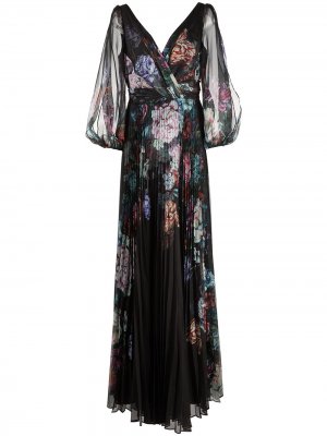 Floral-print pleated tulle gown Marchesa Notte. Цвет: черный