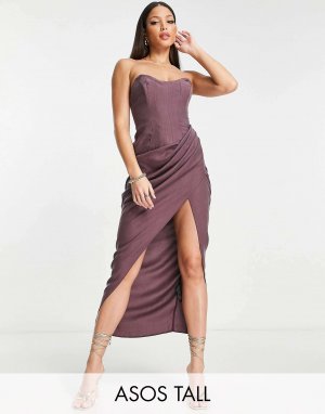 Корсетное платье миди-бандо из стираной ткани ASOS DESIGN Tall с юбкой винного цвета драпировкой