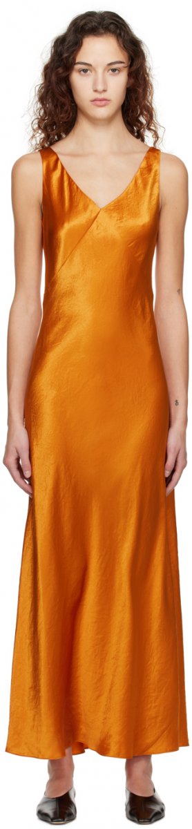 Оранжевое платье-миди с v-образным вырезом Vince