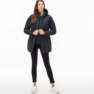 Верхняя одежда Женское длинное пуховое пальто Lacoste. Цвет: тёмно-синий