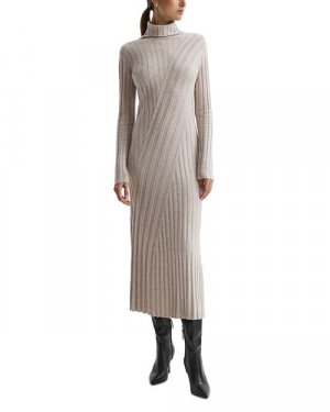 Платье миди из кади в рубчик с высоким воротником и воротником-стойкой REISS, цвет Tan/Beige Reiss