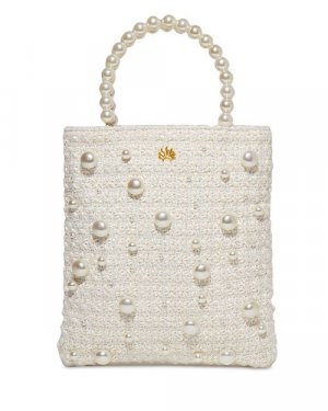 Твидовая сумка-тоут через плечо Paloma с искусственным жемчугом , цвет Ivory/Cream Lele Sadoughi