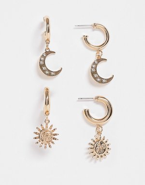 Набор из 2 пар серег-колец золотистого цвета с подвесками в виде луны и солнца -Золотистый Monki