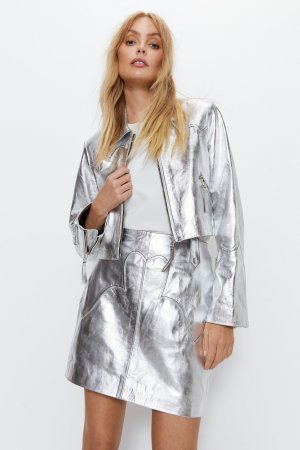 Укороченная куртка из натуральной кожи с деталями в стиле вестерн , серебро Warehouse