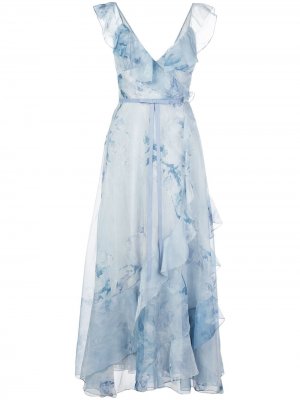 Длинное платье с оборками и принтом Marchesa Notte. Цвет: синий