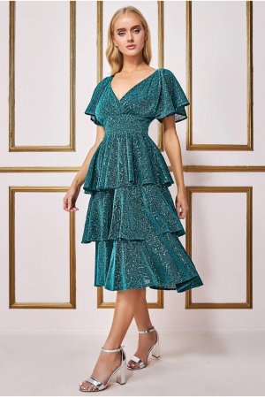 Многоярусное платье миди с пайетками , зеленый Goddiva