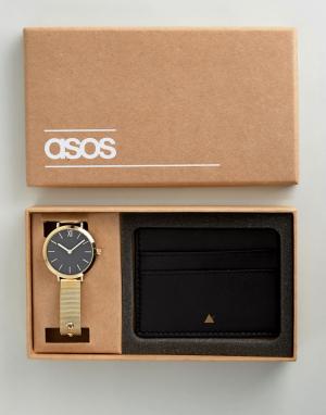 Подарочный набор из кожаной визитницы и часов с сетчатым ремешком ASOS. Цвет: золотой