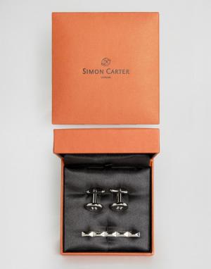 Подарочный набор с запонками и зажимом для галстука Simon Carter. Цвет: серебряный