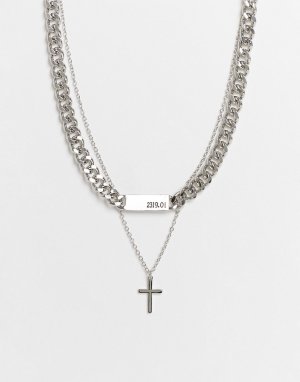 Серебристое двойное ожерелье с массивной цепочкой и подвеской в виде крестика -Серебристый Bershka