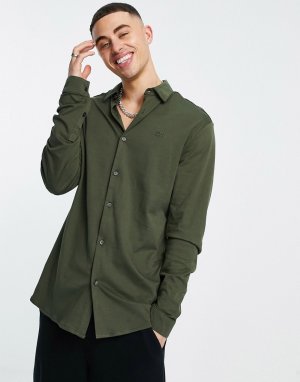 Облегающая рубашка из трикотажа цвета хаки с длинными рукавами -Зеленый цвет River Island