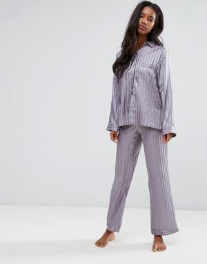 Атласный пижамный комплект с рубашкой и штанами в полоску Boux Avenue. Цвет: темно-синий