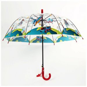 Зонт трость детский для мальчиков и девочек Космическое приключение, прозрачный со свистком; полуавтоматический зонт-трость с зеленой ручкой Baziator. Цвет: голубой/зеленый/коричневый