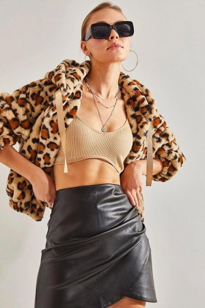 Женское плюшевое пальто на молнии с леопардовым узором SHADE, бежево-коричневый Shade