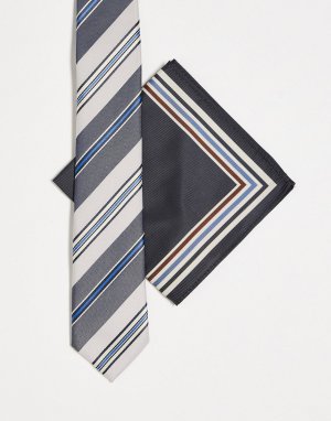 Узкий галстук и нагрудный платок в сине-кремовую полоску стиле ретро DESIGN Asos