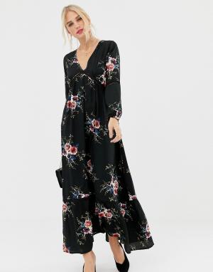 Платье макси с рукавами 3/4 и цветочным принтом -Черный Uttam Boutique
