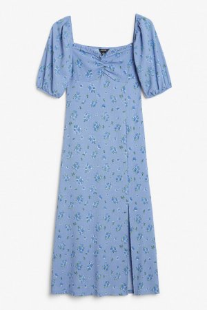 Платье миди с вырезом сердечком и цветочным принтом, синий Monki