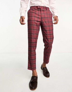 Укороченные костюмные брюки скинни красного цвета в шотландскую клетку Harry Brown