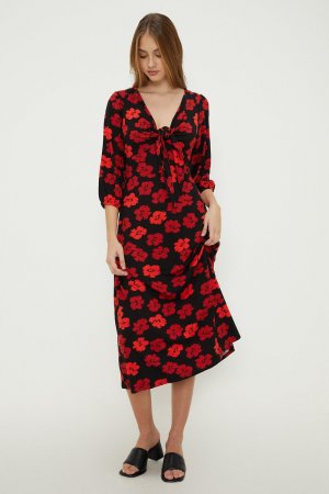 Красное платье-миди с цветочным принтом и завязкой спереди , красный Dorothy Perkins
