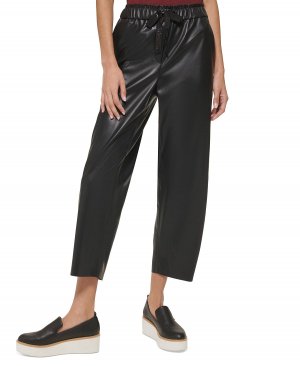 Женские укороченные широкие брюки из искусственной кожи, черный DKNY