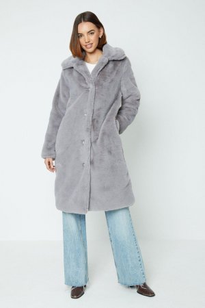 Длинное пальто с плюшевыми пуговицами из искусственного меха , серый Oasis