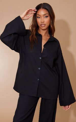 Черная льняная рубашка большого размера с карманами спереди PrettyLittleThing
