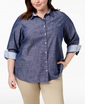Рубашка больших размеров из хлопка шамбре с закатанными рукавами, созданная для macy's Tommy Hilfiger