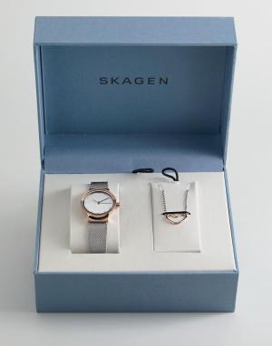 Подарочный набор из часов с сетчатым браслетом и ожерелья SKW11 Skagen. Цвет: серебряный
