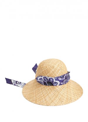 Кремово-синяя женская шляпа из рафии с цветочным узором Etro