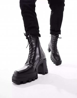 Черные ботинки на шнуровке из искусственной кожи каблуке и подошве платформе ASOS