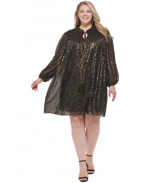 Плиссированное платье с леопардовым принтом больших размеров и завязками на шее , золото DKNY