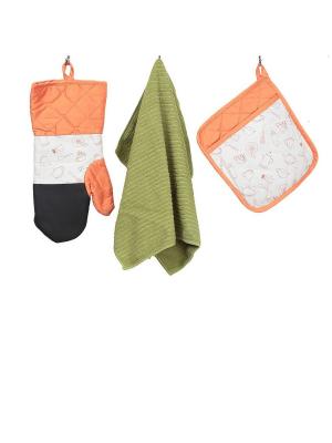 Набор кухонных принадлежностей с неопреном : рукавица,прихватка,полотенце ТекСтиль для дома. Цвет: оранжевый, зеленый