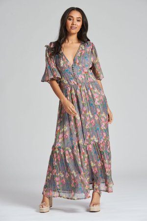 Платье миди металлик с цветочным принтом и пуговицами , серый South Beach