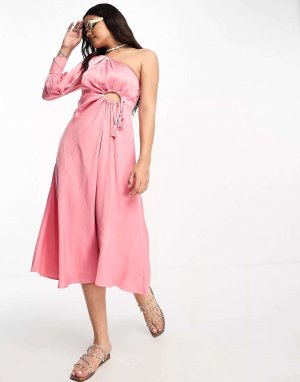Розовое платье миди на одно плечо с кисточками и завязкой Moon River