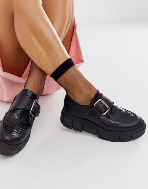 Черные туфли на массивной подошве с эффектом крокодиловой кожи и пряжками -Черный Kaltur