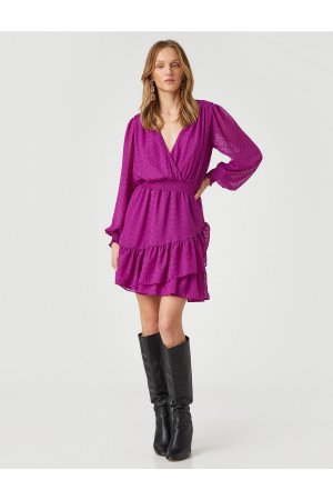 Мини-шифоновое вечернее платье с V-образным вырезом и воланами длинными рукавами , фиолетовый Koton