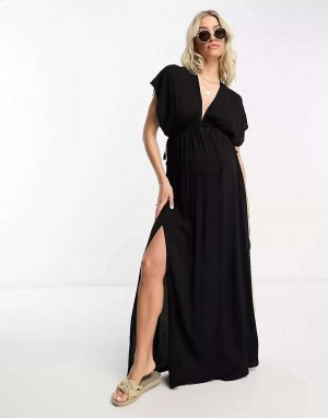 Черное пляжное платье макси с развевающимися рукавами и завязкой на талии ASOS DESIGN Maternity