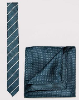 Зеленые галстук в полоску и платок для нагрудного кармана New Look. Цвет: зеленый