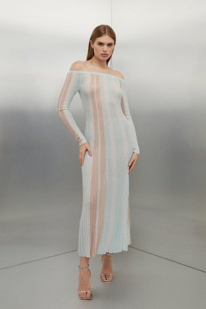Миниатюрное облегающее вязаное платье мидакси из вискозы с разрезным вырезом в полоску , мультиколор Karen Millen