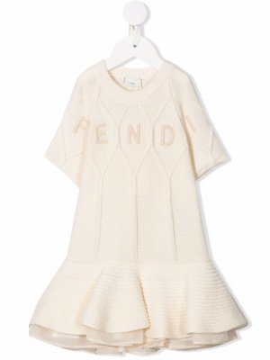 Трикотажное платье с вышитым логотипом Fendi Kids. Цвет: белый