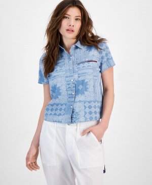 Женская рубашка из шамбре с короткими рукавами и банданой принтом Tommy Jeans