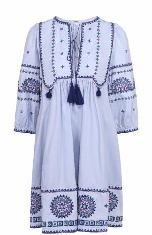 Хлопковое мини-платье с контрастной вышивкой Talitha. Цвет: голубой