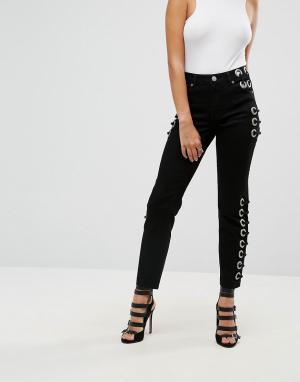 Черные прямые джинсы с большими люверсами и ленточной отделкой ASOS FLORENCE DESIGN. Цвет: черный