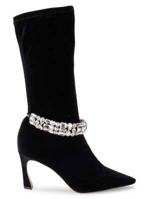Бархатные ботинки до середины икры на каблуке Riviera с кристаллами , черный Alexandre Birman