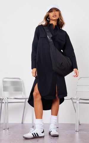 Черное платье-рубашка миди с заниженным подолом и глубокими карманами PrettyLittleThing