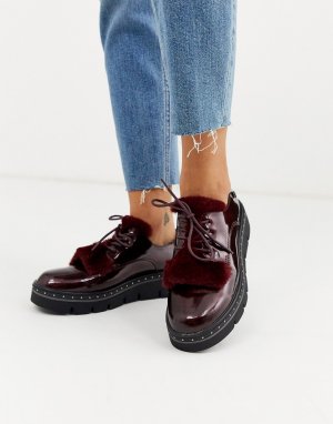 Бордовые туфли на массивной подошве со шнуровкой и искусственным мехом -Красный XTI