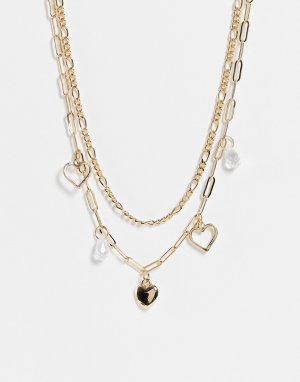 Золотистое многоярусное ожерелье-чокер с подвесками в виде сердечек и жемчужин -Золотистый Topshop