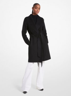Пальто с поясом и бахромой из смесовой шерсти , черный Michael Kors