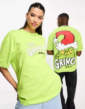 Зеленая оверсайз-футболка унисекс с лицензией ASOS рождественским принтом в виде Гринча. Цвет: зеленый
