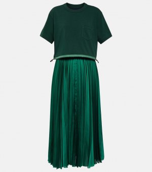 Платье миди из плиссированного джерси и атласа SACAI, зеленый Sacai