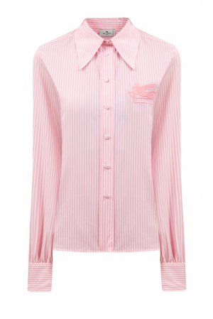 Рубашка из гладкого поплина в полоску с вышитым логотипом ETRO. Цвет: розовый
